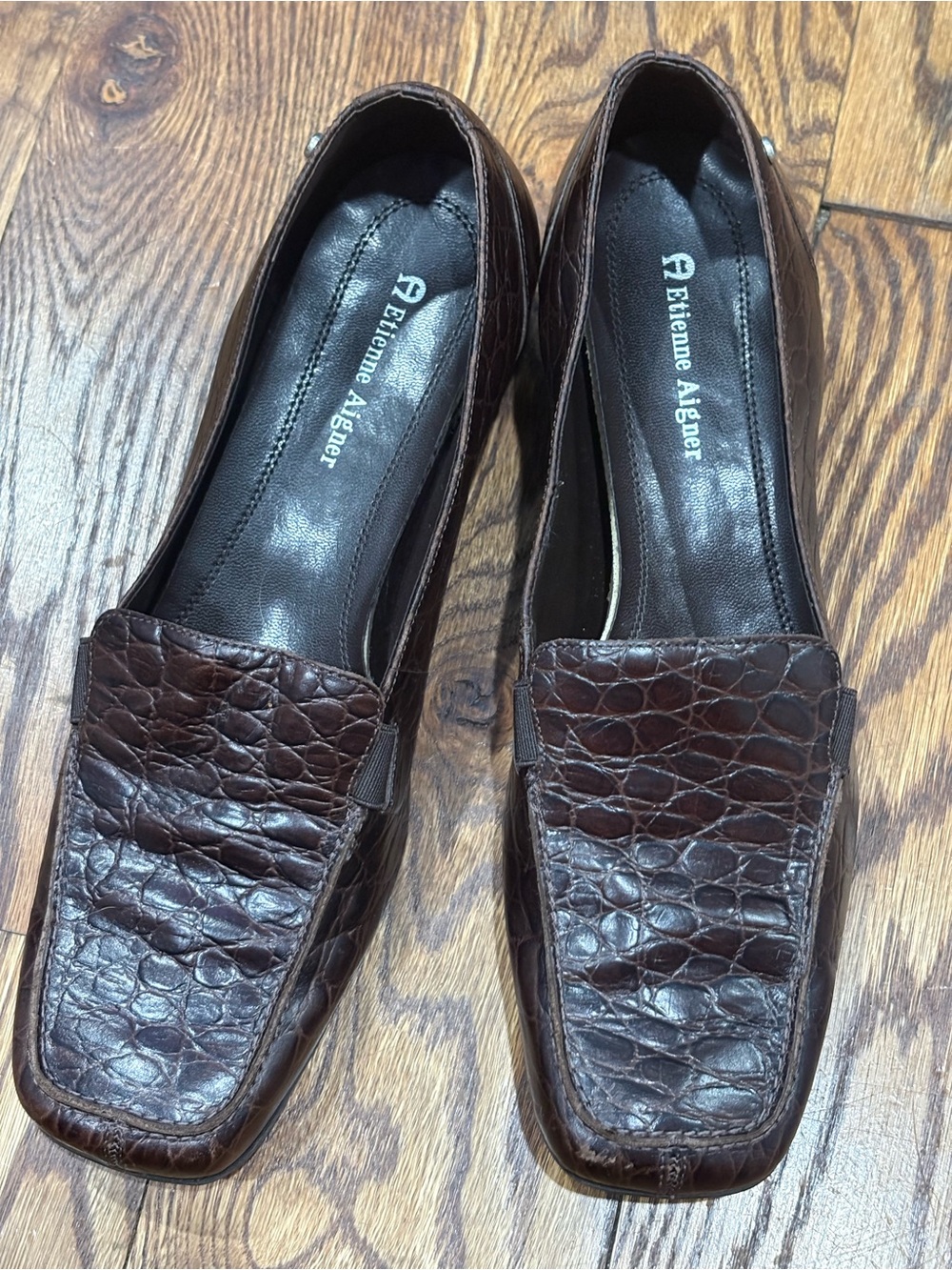 Etienne Aigner Brown Croc-Embossed Leather Loafers